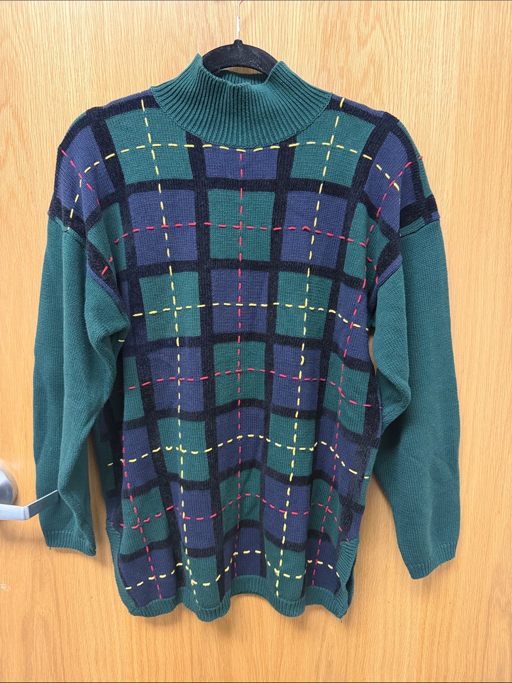 Marisa Christina Green & Navy Plaid Mock Turtleneck Sweater with Color Stitching